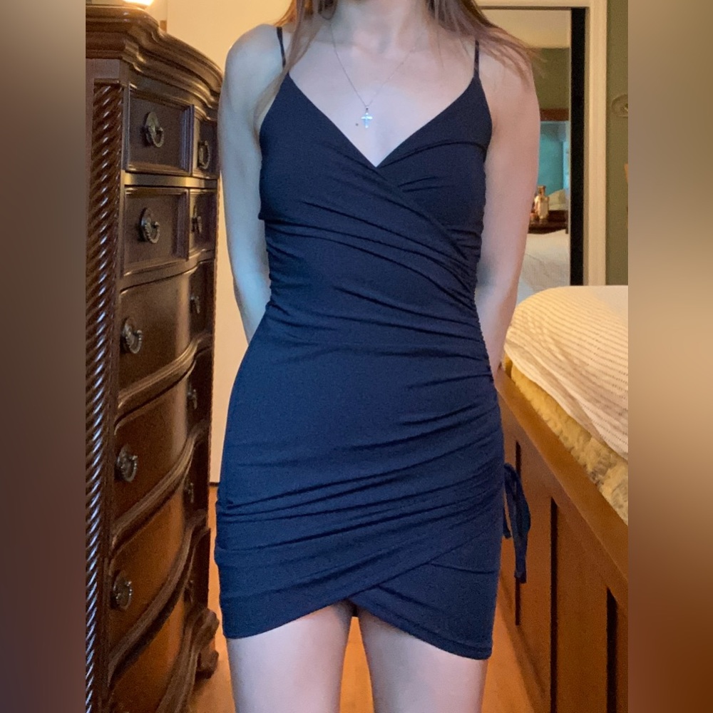 Garage Black Mini Dress Ruching Slit Strappy V Neck
